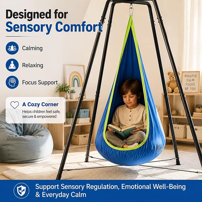 Hammock with Stand for Outside,X-Shaped Anti-Tip Base,Sensory Pod Nest for Kids,Heavy-Duty Steel Frame, Stable Secure 330LBS Support,Indoor Outdoor Cozy Chair,Adults Relax,Bedroom Patio Garden,Blue