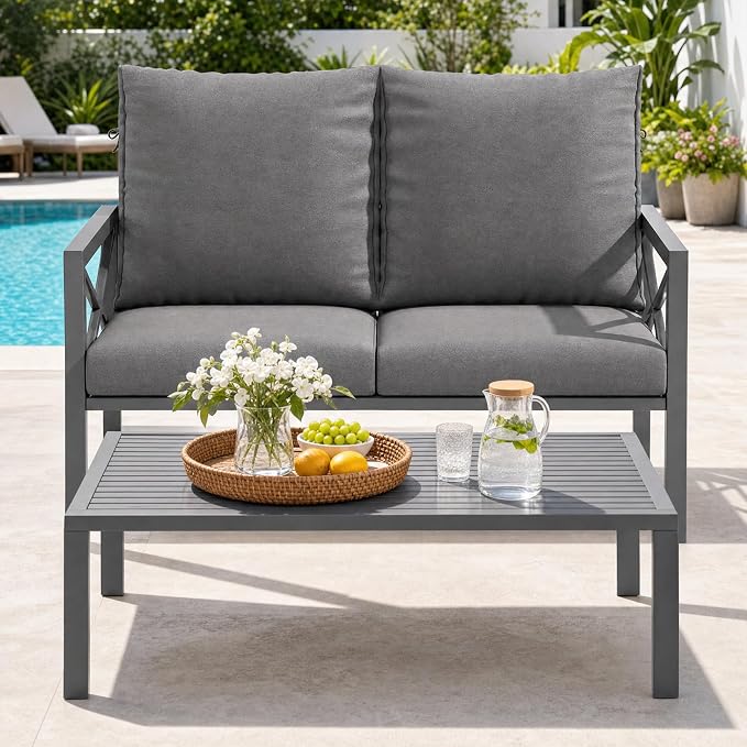 2-Piece All-Weather Metal Patio Furniture Set, Cushioned Loveseat 2 Seats Sofa Bench w/Coffee Table, Heavy Duty Steel Frame & Washable Cushions for Backyard Garden (Grey)