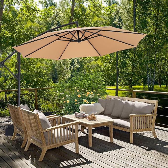 ABCCANOPY 10FT Cantilever Patio Umbrella with base included, 360° Rotation Outdoor Offset Umbrella Bonus Fix Frame & Weights Bag for Backyard, Deck, Poolside (Khaki)