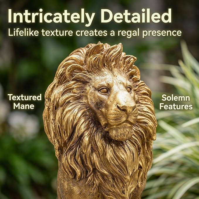 24" Majestic Lion Garden Statue, Gold | Regal Guardian Sculpture, Front Entry & Patio, Golden Resin, Weighted Base for Stability