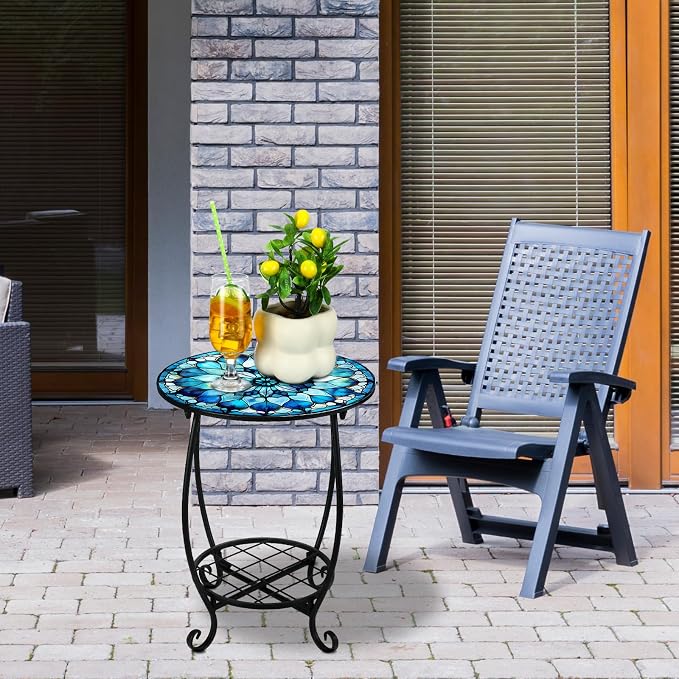 Cinnvoice Outdoor Side Table Round Small Mosaic Patio Accent Indoor End Plant Coffee Tea Table for Yard Patio Porch Garden Living Room, Bedroom(Mandala Flower Style,14 Inch)