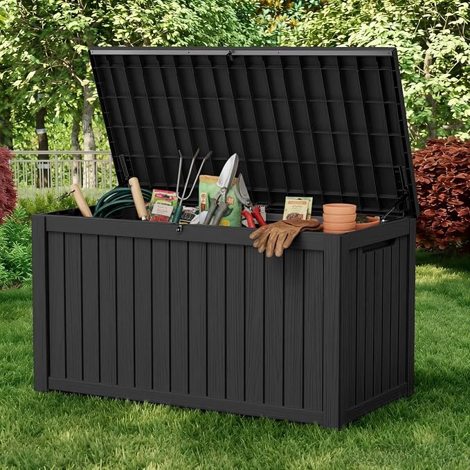 Pepe Tee Waterproof Resin Deck Box, Outdoor Storage Bin for Patio Furniture Cushions, All-Weather Garden Organizer & Seating Bench, Black
