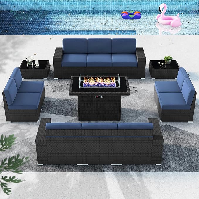 13 Pieces Patio Furniture Set with 44" Propane Gas Fire Pit Table, Outdoor Sectional Wicker Conversation Sofa Sets with Coffee Table