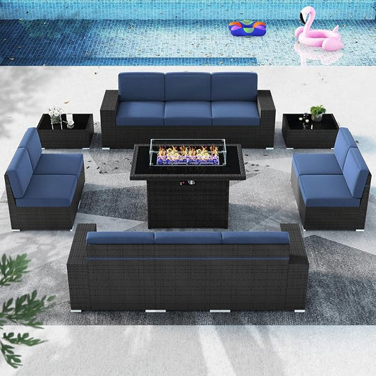 13 Pieces Patio Furniture Set with 44" Propane Gas Fire Pit Table, Outdoor Sectional Wicker Conversation Sofa Sets with Coffee Table