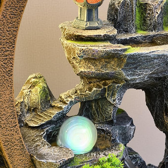 6.5 ft Cement Standing Fountain, Double Sided Feng Shui Design | Indoor and Outdoor use | Rain and UV Protection | Durable, Weather Resistant, and Equipped with LED Lighting(A+B Single-Sided)