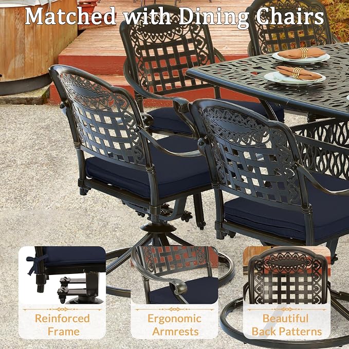 9 Piece Outdoor Patio Dining Set for 8, Cast Aluminium Large Square Dining Table & 8 Swivel Rocker Chairs with Removable Cushions, Umbrella Hole, Patio Furniture Set for Garden, Navy Blue