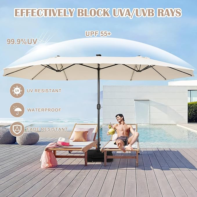 Sundale Outdoor Solar 15 ft 144 LED Olefin 5-Year-Non-Fading Patio Umbrella with Sandbag Base Included and Cover, Outdoor Double-Sided Umbrella with Lights