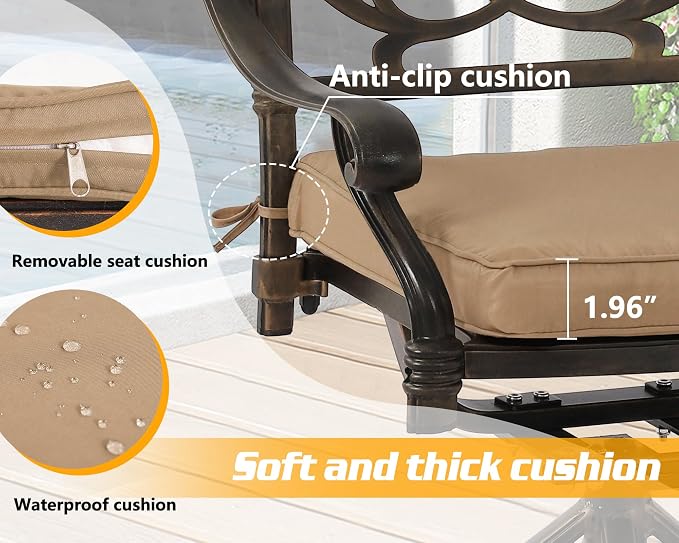 TITIMO 5-Piece Outdoor Patio Dining Set, All-Weather Cast Aluminum Furniture Patio Conversation Set 4 Swivel Chairs and 35.4" Table w/Cushions and Umbrella Hole for Backyard Garden Deck (Khaki)