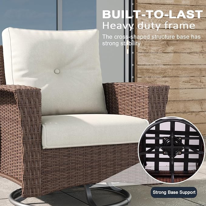 LayinSun 3 Piece Wicker Patio Furniture Set, Classis Outdoor Conversation 360 Degree Swivel Chairs Set with Coffee Table