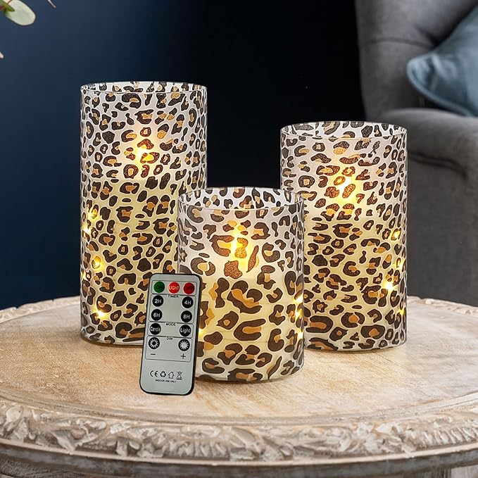 Flickering Flameless Candles, Recessed String Light LED Candles 3D Wick Acrylic Battery Operated LED Pillar Candles with Remote and Timer for Modern Simple Home Decor Set of 3(Leopard)
