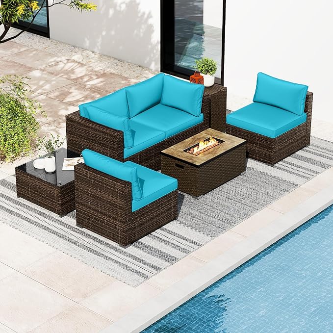 Tangkula 7 Pieces Outdoor Sectional Sofa Set Set with 32” Fire Pit Table and Propane Tank Cover, for Deck, Garden and Backyard, Fire Pit Protective Cover Included (Turquoise)