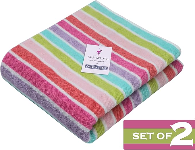 COTTON CRAFT Pool Lounge Chair Cover - 2 Pack Dobby Terry Stripe Chaise Lounge Cover - Soft 100% Cotton Towel Beach Chair Cover - Oversized 32 in W x 82 in Length x 7 in Pocket – Pink Multi