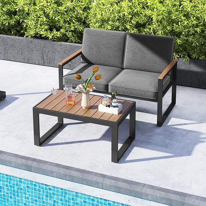 Tangkula 2 Piece Patio Aluminum Furniture Set, Outdoor Cushioned Loveseat with Coffee Table Set, with Wood-Plastic Armrests & Tabletop, for Balcony, Backyard, Poolside