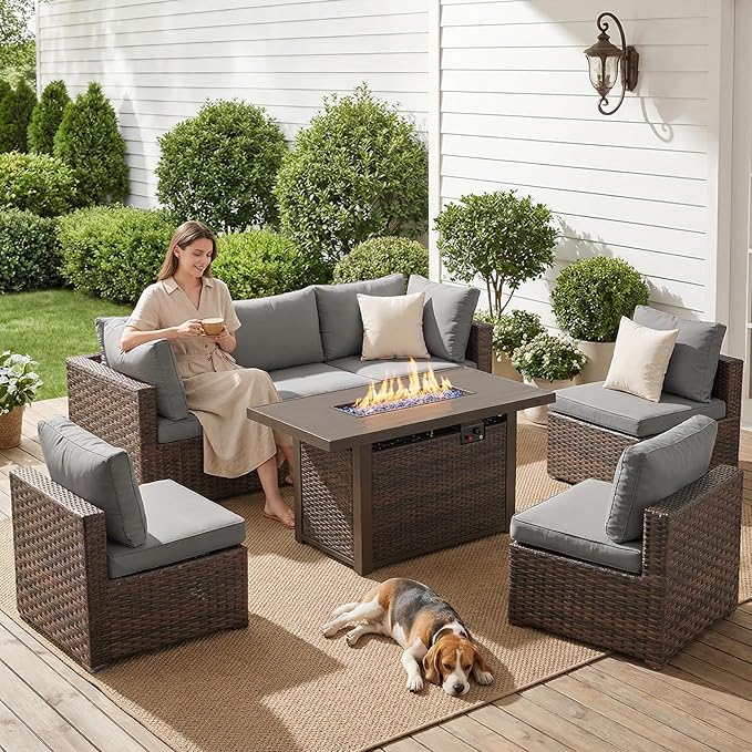 7-Pieces Patio Furniture Sets Outdoor Sectional Sofa with 44'' Propane Rattan Wicker Firepit Table, Patio Sectional Conversation Set with Cushions for Backyard, Poolside, Garden Grey