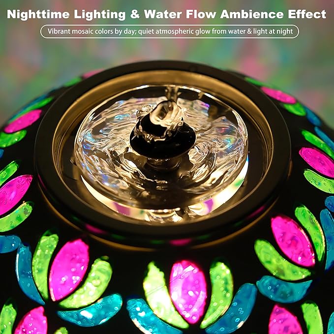 SAVENNA Mosaic Glass Fountain, Floor-Standing Lighted Water Feature with Quiet Pump, Indoor/Outdoor Decorative Accent Lighting for Garden & Patio, Warm-Tone Mosaic Sphere