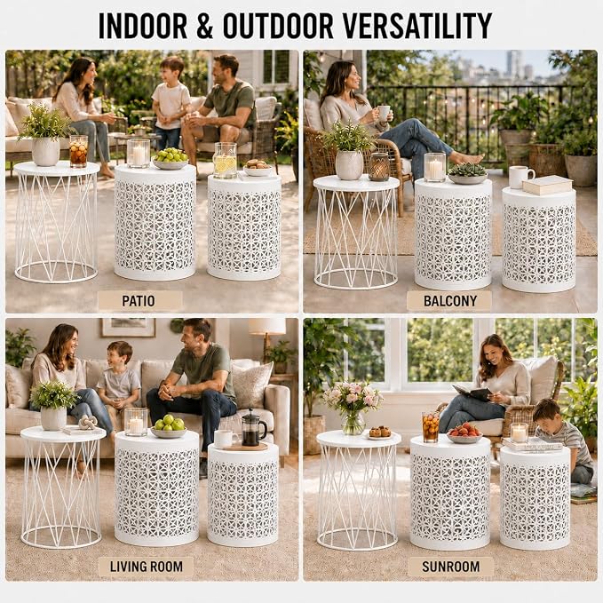 Y&M Outdoor Side Tables, Set of 3 Metal Stacking Patio Side Tables for Outside, Round Indoor End Tables, Coffee Accent Poolside Tables for Patio Garden Balcony, White