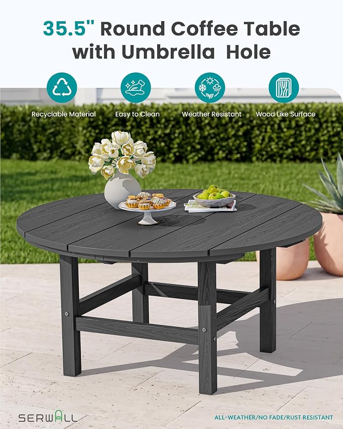 SERWALL 6-Piece Patio Set, 4 Folding Adirondack Chairs with Cup Holders, Round Table & Center Pole Umbrella, HDPE Plastic, Grey
