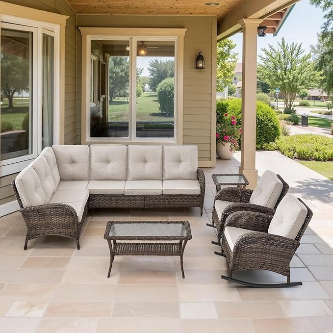 Belord Outdoor Furniture Set - 6 Pieces Patio Conversation Sectional Sofa Set with Patio Rocking Chairs Set of 2 and Wicker Coffee Table for Deck Backyard Sunroom Brown