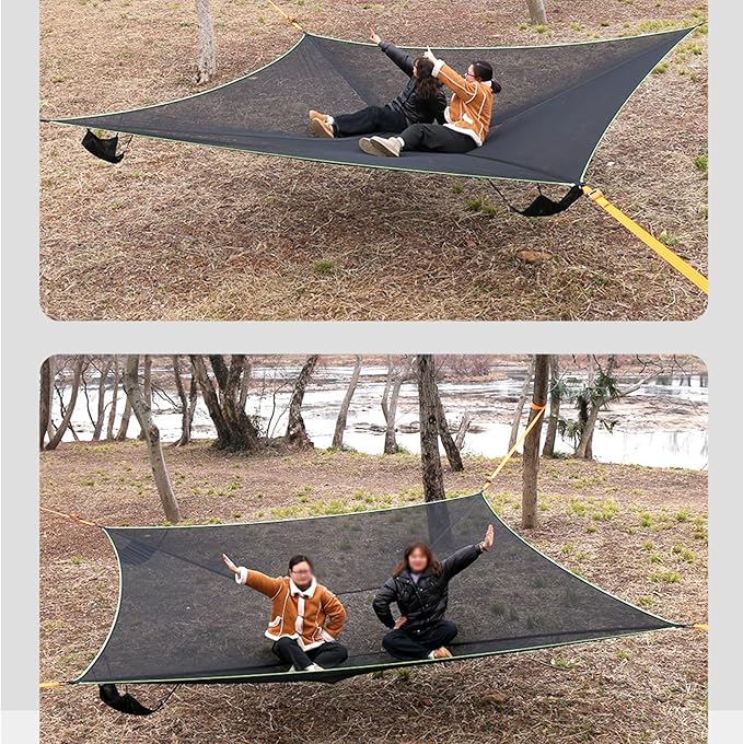 Outdoor Camping Hammock, 13ft Square Hammock Max 550 Lbs for 2-5 Adults Kids, Multi Person Tree Hammock with 4 Ratchet Tie Down Straps & Net Pocket