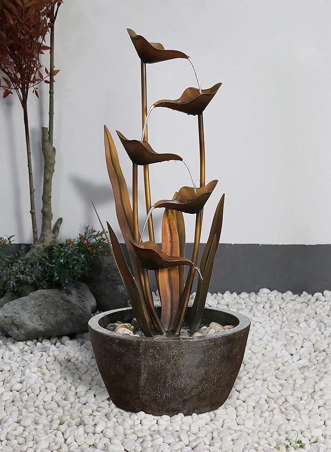 Hi-Line Gift Ltd. Tiered Leaves Stainless Metal Fountain Outdoor 35" H, Copper