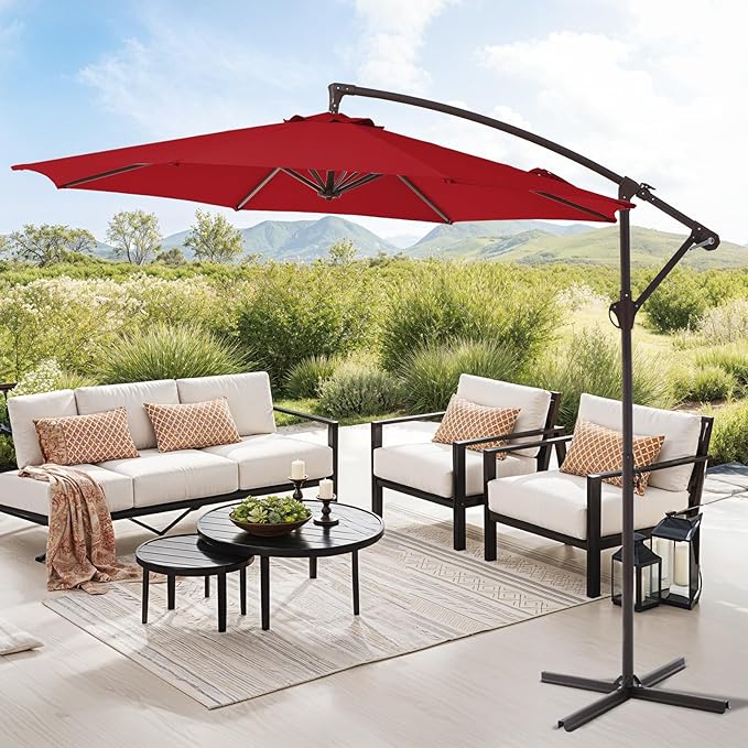 10FT Patio Umbrella, Outdoor Offset Cantilever Umbrella with Sturdy 8 Ribs, Easy Tilt Adjustment for Backyard Pool Garden,Red