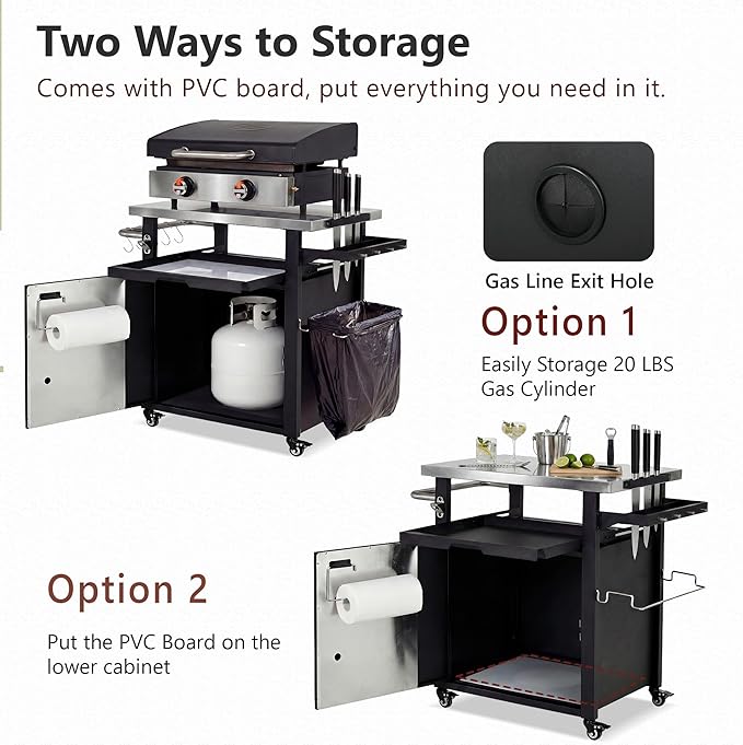 Outdoor Deck Box Storage Cabinet with Stainless Steel Top, 39.5 Inch Patio Prep Station and Grill Cart with 4 Locking Wheels, Propane Tank Storage and Waterproof Cover, Black Finish
