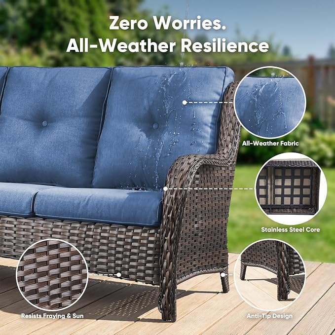 Belord 7 Piece Wicker Patio Furniture Set, Outdoor Swivel Rocker Chairs Set of 2 with Ottomans, 3 Seat Sofa and Loveseat, All Weather Patio Conversation Furniture Set, for Pool,Yard Brown Wicker/Blue