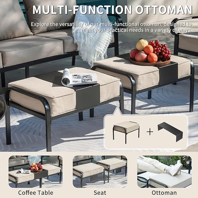 5 Piece Patio Furniture Set, Metal Patio Conversation Set with 1x3 Seater Sofa & 2xSwivel Chairs & 2xOttomans, 5.75'' Extra Thick Cushion for Lawn Garden Backyard, Beige