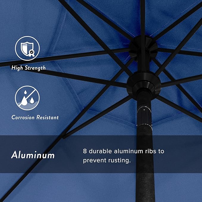 California Umbrella 9' Round Aluminum Market Umbrella, Crank Lift, Push Button Tilt, Black Pole, Pacifica