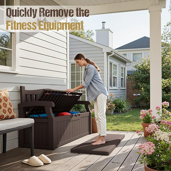 80-Gallon Outdoor Storage Bench with Cushion, Lockable Waterproof Deck Box with Armrests for Patio, Garden, Pool, Brown