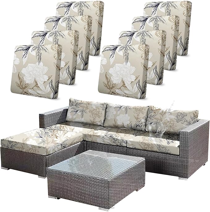 CALBODE 8Pcs Outdoor Stretch Cushion Covers,Waterproof Outdoor Chair Floral Cushion Covers for Patio Furniture, Washable Beige Couch Covers Replacement for Patio Furniture