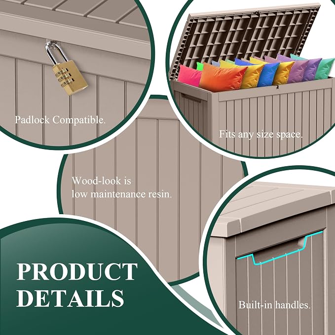 Outdoor Waterproof Resin Storage Deck Box Lockable Outside Bench UV Resistant Bin Patio Porch Furniture Pool Float Garden Tool Cushion (Grey, 280 Gallon)