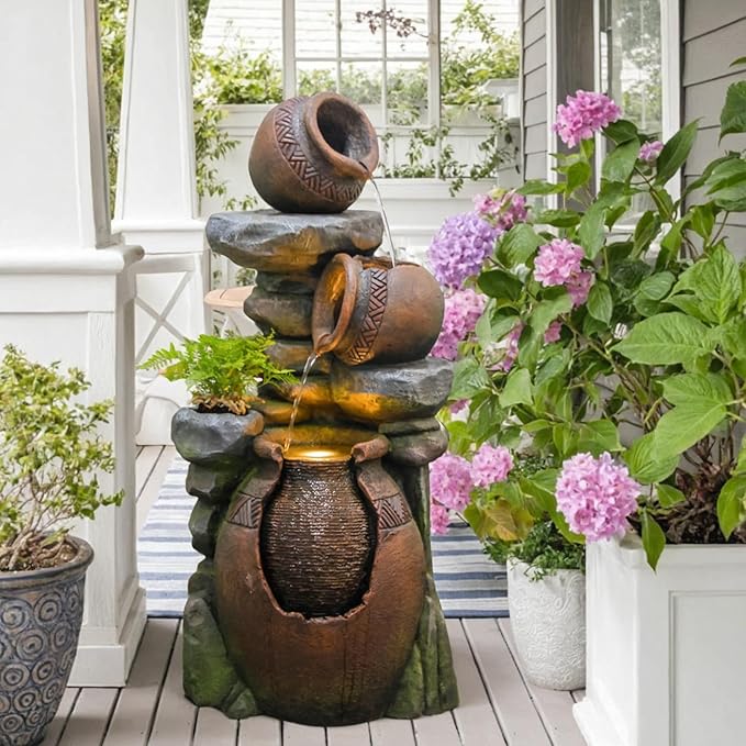 Bumilgar Outdoor Garden Water Fountain for Garden, Patio, Backyard, Deck, Porch and Home Art Decor, 3 Tiers Modern Cascading Outdoor Fountain with Lights 38.4" H