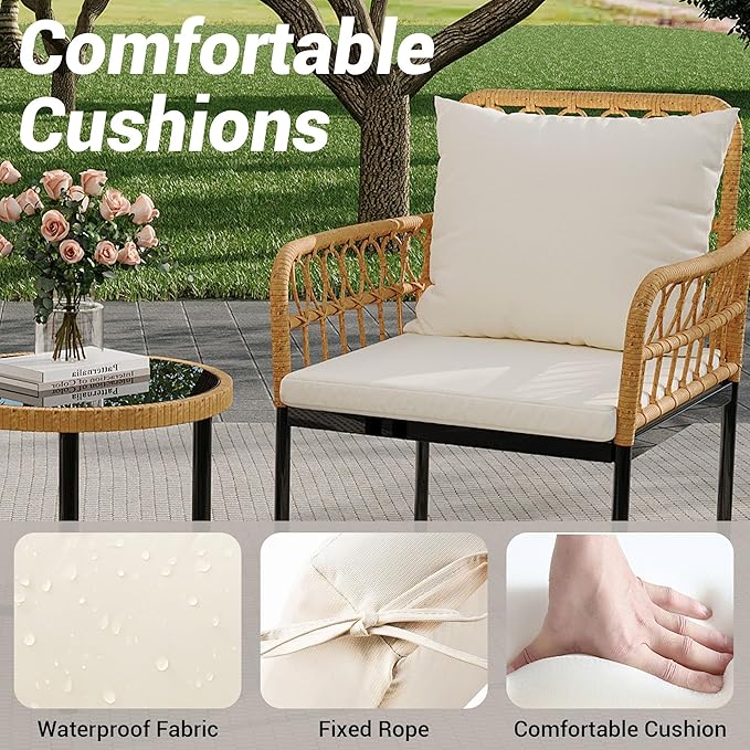 4 Piece Outdoor Patio Furniture Set PE Wicker Loveseat and Chairs with Glass Coffee Table Bohemian Rattan Conversation Set for Patio Garden Balcony