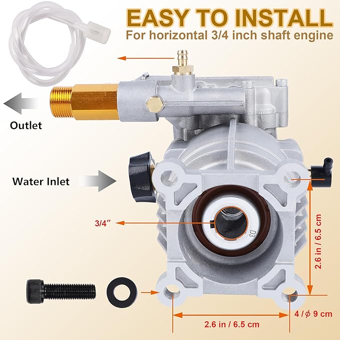 Biswing Pressure Washer Pump, 3/4" Shaft Horizontal Axial Plunger, 3400 PSI Max, 2.5 GPM, Replacement Pumps for Cold Water Gas Power Pressure Washer