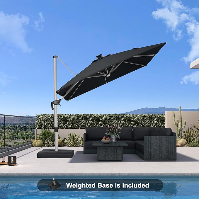 PURPLE LEAF Patio Umbrella with base 9 Feet Outdoor Square Cantilever Umbrella Solar Powered LED with 360-degree Rotation for Garden Deck Pool Patio, Black