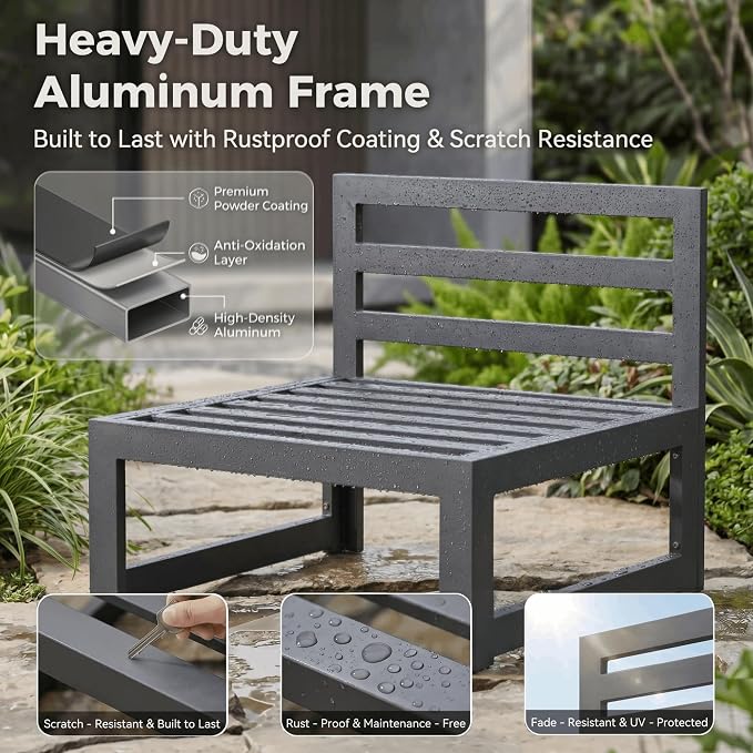 NICESOUL 6 Person Modern Aluminum Patio Furniture Set, 500 lbs Heavy Duty Sturdy Outdoor Sectional Sofa, 29" Deep Wide Oversized Seating, L Shaped Modular Conversation Couch for Garden Backyard, Black
