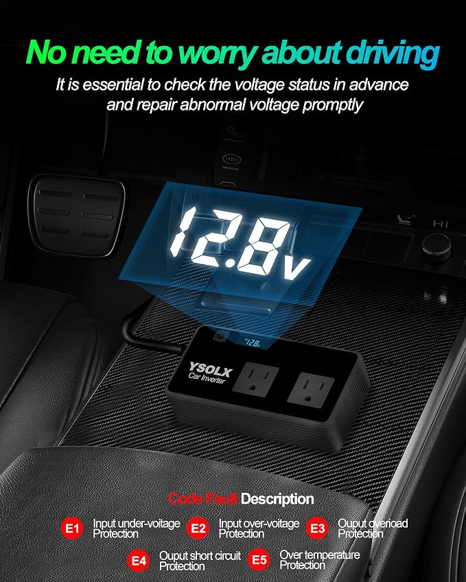 YSOLX 300W Car Inverter Power Outlet Dual AC Car Plug Adapter Outlet | For camping & road trips, 24W USB C/A charge for devices, LED shows real-time voltage & battery status