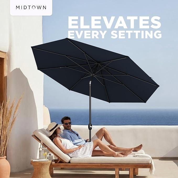 Midtown Umbrellas – The Lean 8 Ft Patio Umbrella with 10-Year-No-Fade Acrylast Acrylic Fabric, Auto-Tilt and 8 Reinforced Ribs for Deck, Pool, Garden, Hotel & Cafes – Harbor Navy Canopy, Black Pole