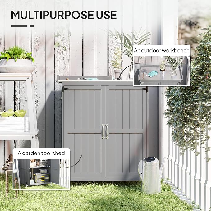 29 Inch Wooden Outdoor Storage Box and Garden Potting Bench with Stainless Steel Tabletop, Double Doors and Hinged Roof for Patio Organization and Tool Storage, Grey