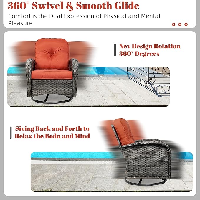 Patio Furniture Conversation Set with Ottomans, 6 Piece Wicker Patio Swivel Rocking Chairs with 360° Swivel Glider and Glass Coffee Table for Porch, Deck, Garden,Red