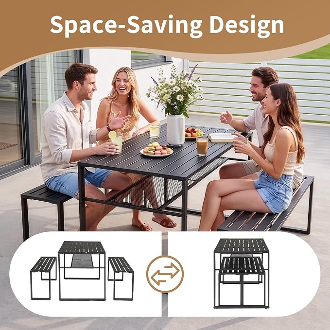 Outvita 49" Outdoor Matel Picnic Table and Bench Set with 2" Umbrella Hole and Storage Shelf, Patio Dining Set for 4 People, Outdoor Dining Table and Chair for Garden, Yard, Porch
