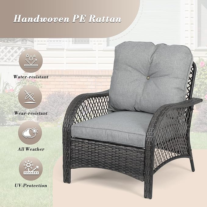 Athena Collection Patio Furniture Set of 3, All Weather Outdoor Sofa Conversation Set PE Rattan Chairs with Upholstered Seat and Backrest and Coffee Table Set for Bistro Garden Backyard, Gray