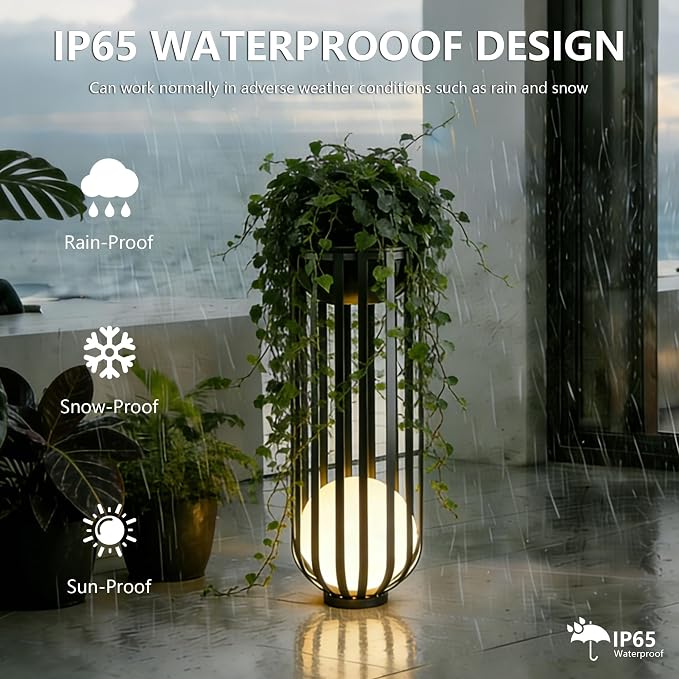 Outdoor Solar Plant Stand Table,Built-in LED Glowing Sphere, Remote Control & Detachable Solar Panel, Rustproof Weatherproof Metal Furniture for Garden Landscape