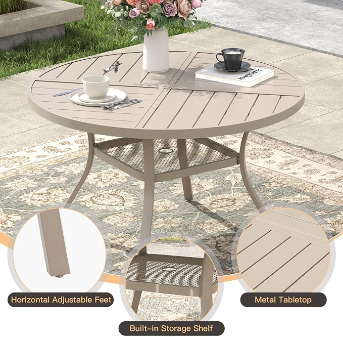 5 Pieces Round Outdoor Table and Chairs Set, Patio Dining Set with 40.6" Round Spliced Outdoor Table and Patio Swivel Chairs for Backyard Lawn Garden, Sandshell Table and Sandshell Chairs