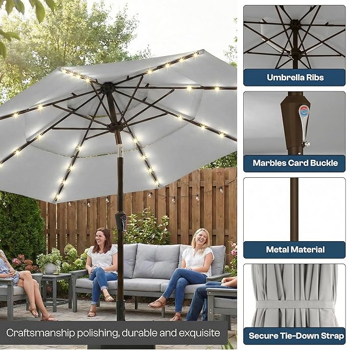 10ft 3-Tier Patio Umbrella with 32 Solar Powered LED Lights, Windproof Outdoor Market Umbrella for Deck, Poolside & Garden, Sturdy Push-Button Tilt Table Umbrella, Light Gray
