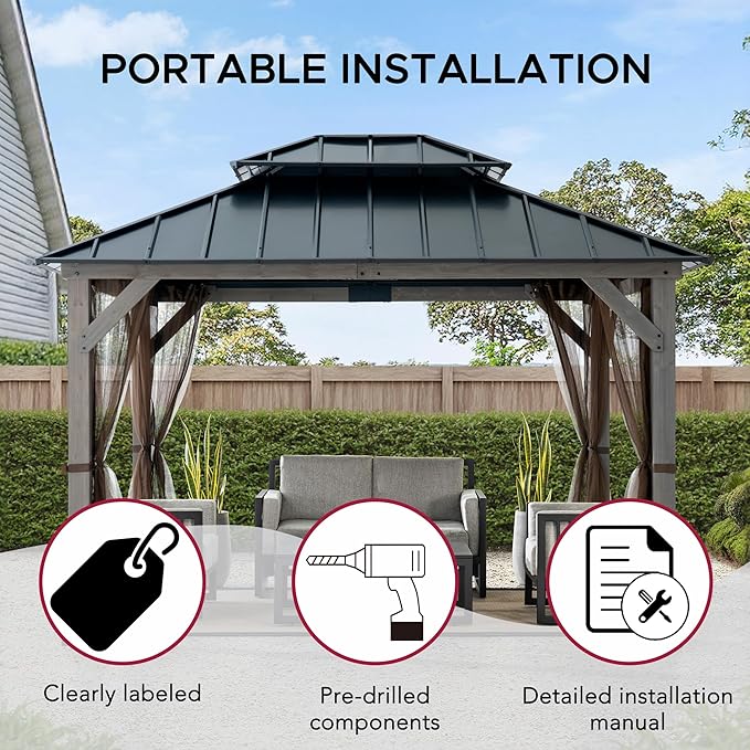 SUNJOY 10x12 Hardtop Wood Gazebo with Galvanized Steel Roof, LED String Lights & Mosquito Netting, Outdoor Permanent Pavilion Cedar Gazebo for Backyard, Garden, Patio, Deck, Lawn - Matte Black Roof