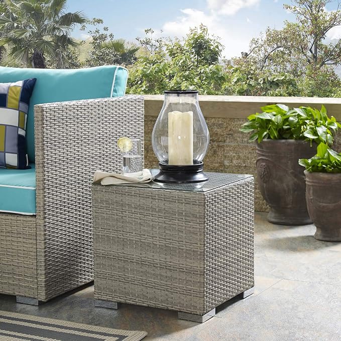 Modern Contemporary Outdoor Patio Lounge Side Table, Rattan Glass, Light Grey Gray