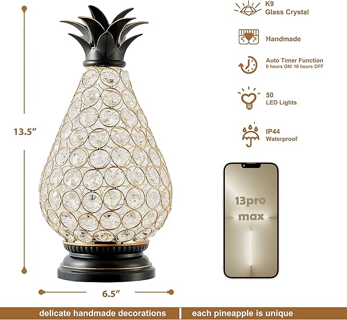 MOZEAL Extra Large Crystal Pineapple Lamp,13 in Lantern Decorative,IP44 Waterproof,6 Hours Timer,Battery Operated,As a Gift,for Farmhouse/Garden/Outdoor/Patio/Porch/Table/Backyard/Mantle Decor