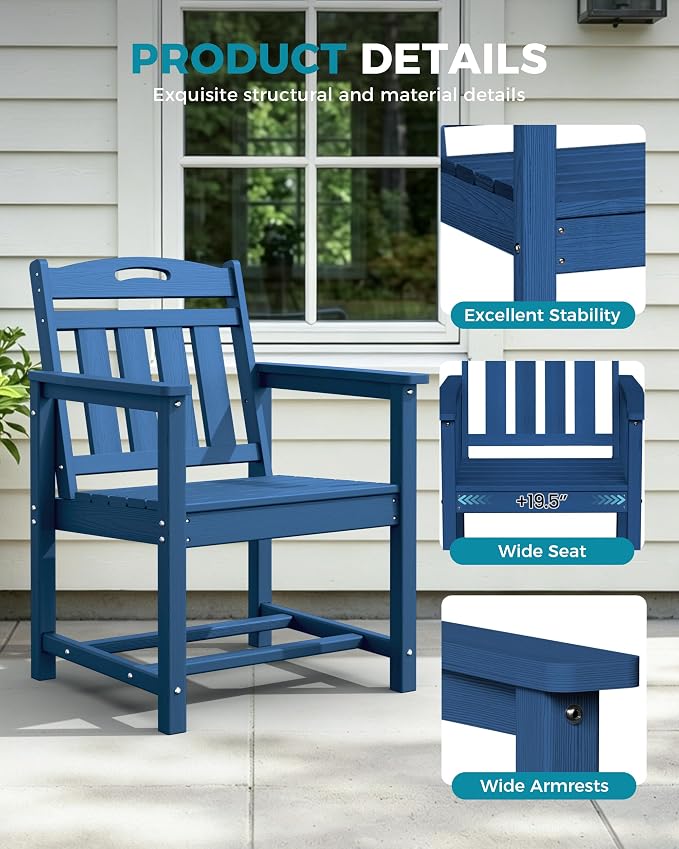 Ciokea Outdoor Patio Dining Chair, HDPE Oversized Porch Chairs with Wide Seat, All-Weather Durable Heavy-Duty Outdoor Furniture for Backyard, Poolside, Lawn & Garden, NavyBlue